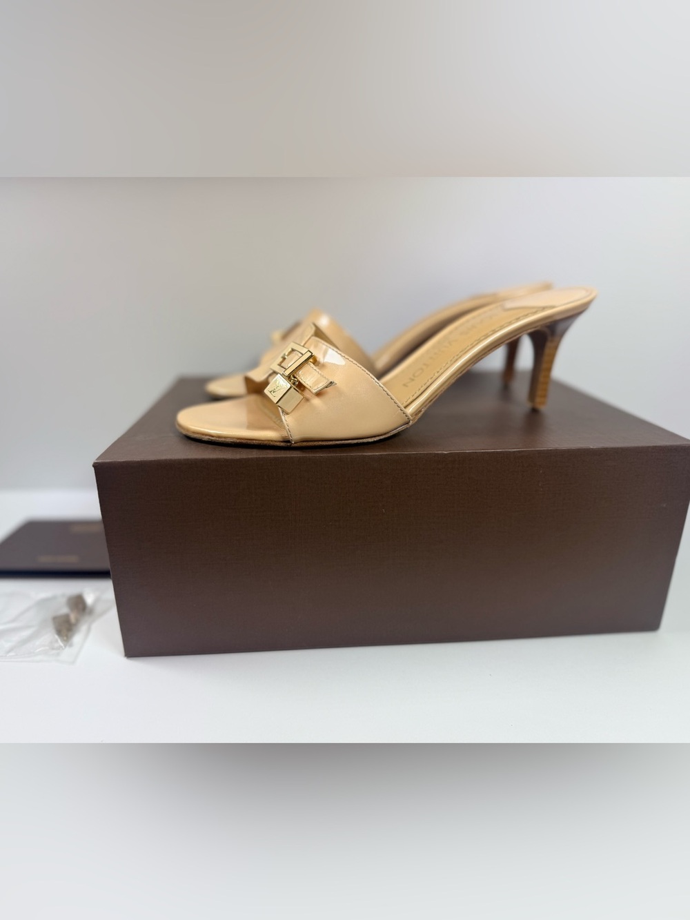 Louis Vuitton Nude Patent Leather Open-Toe Mule with Gold Hardware